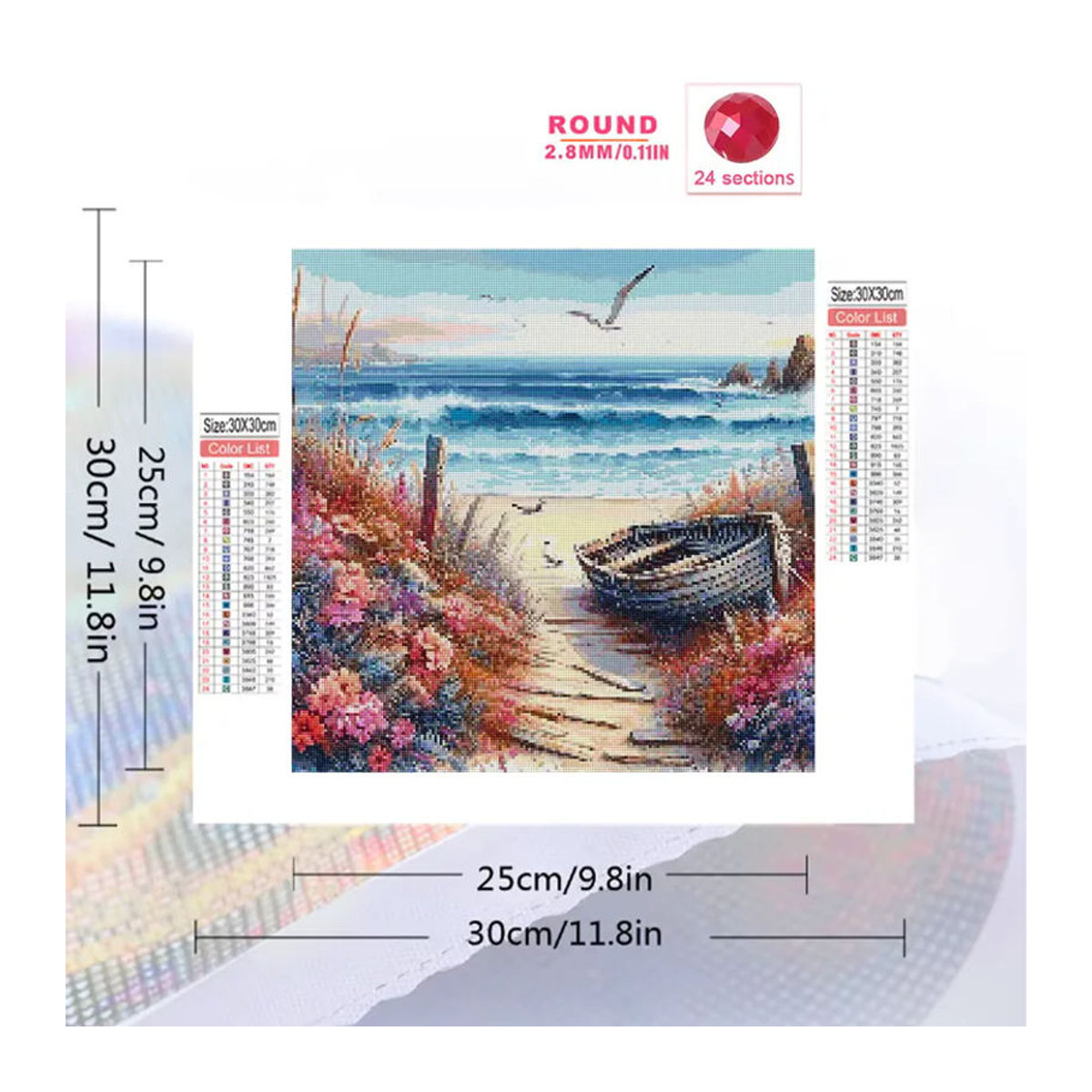 EverShine Seaside Diamond Embroidery Wanddekoration mit maritimem Schiff und Blumen, mehrfarbiges rundes Diamant-Mosaik DIY-Kreuzstich-Set - Bild 2