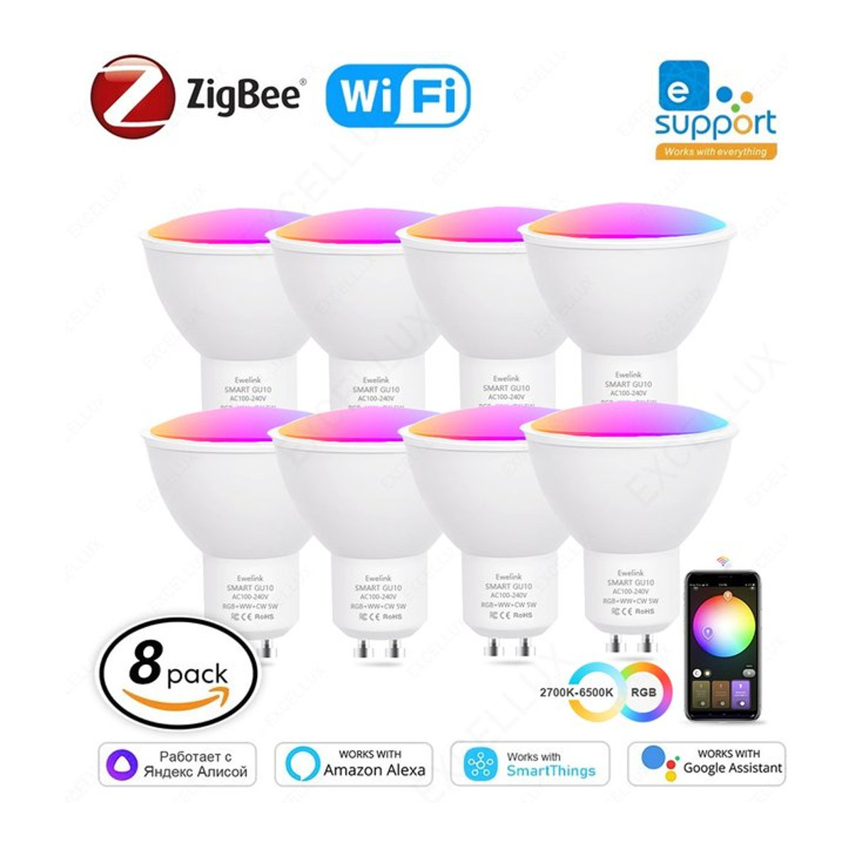 Excellux 8er Set EWelink Zigbee Smart LED-Lampen GU10 RGB CW WW Bunt kompatibel mit Alexa Google Yandex SmartThings - Bild 1