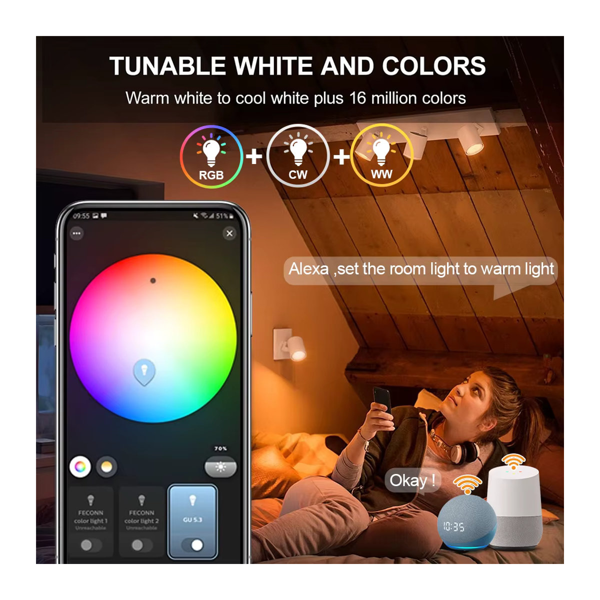 Excellux 8er Set EWelink Zigbee Smart LED-Lampen GU10 RGB CW WW Bunt kompatibel mit Alexa Google Yandex SmartThings - Bild 2