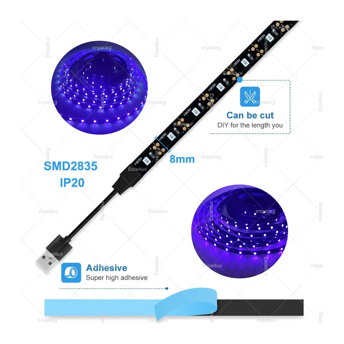 Excellux UV-LED-Streifenlicht USB 5 V flexibles Band 395–405 nm als Skorpion-Detektor und UV-Rücklichtstreifen - Bild 2
