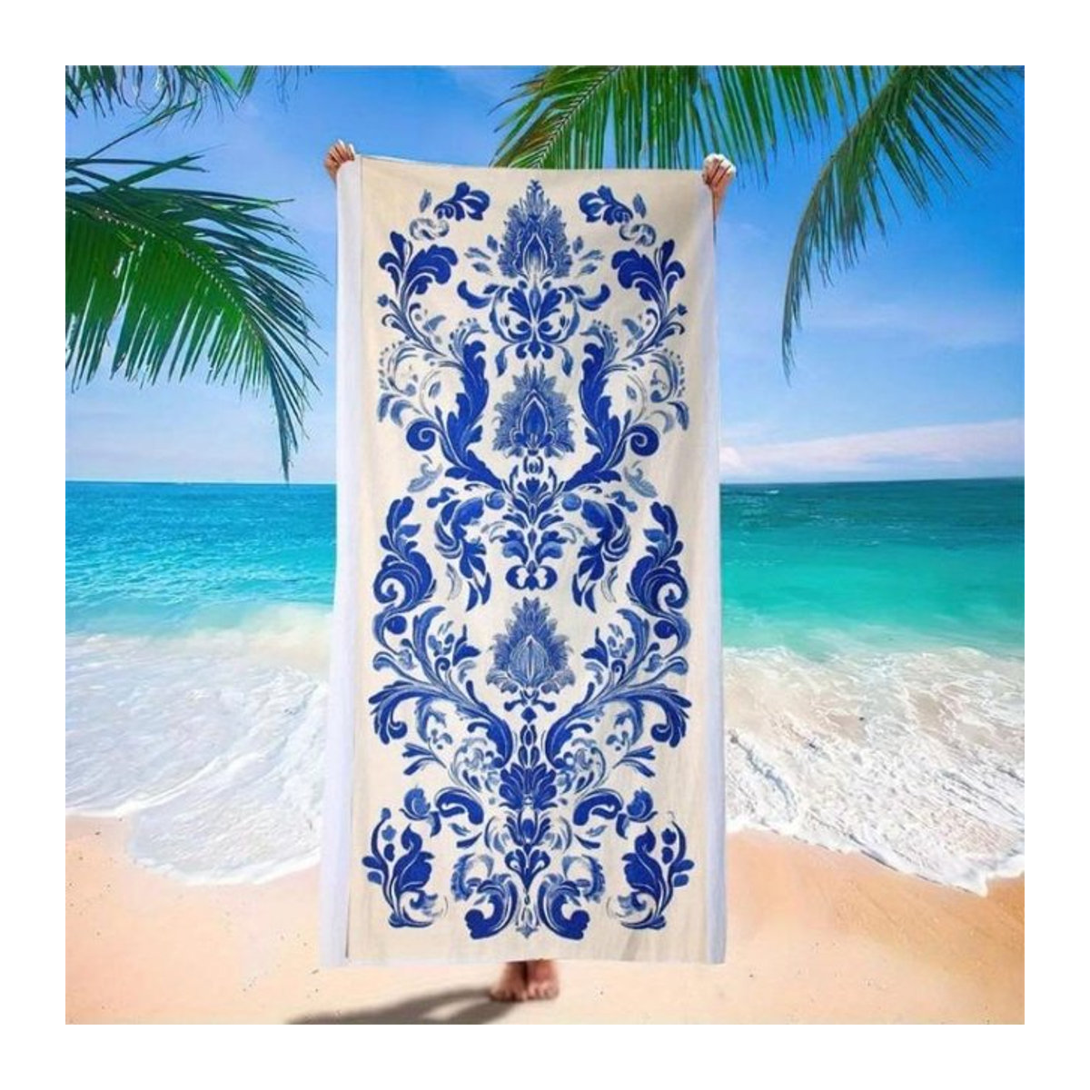 Exotischer Mikrofaser-Strandschal in Bohemian-Blau-Blumenmustern, leicht und schnelltrocknend, B: 40 cm, H: 60 cm - Bild 1
