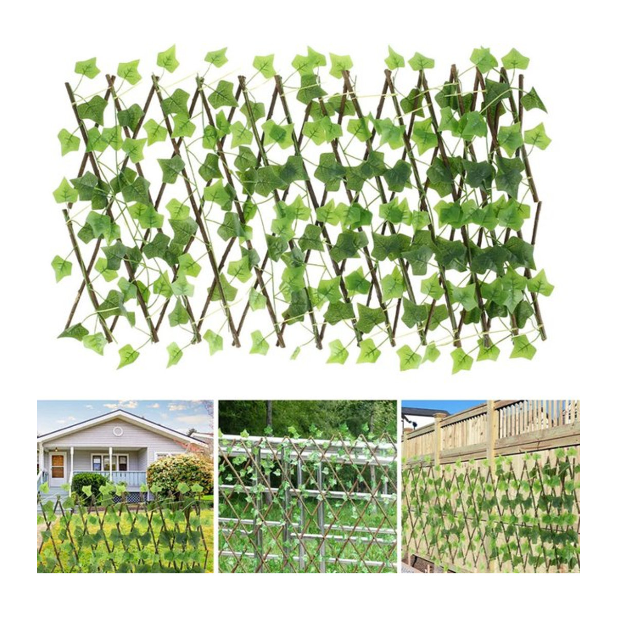 Expandierender Sichtschutz als künstliche Efeu-Hecke mit Holzzaun-Optik in Grün für deinen Garten - Bild 1