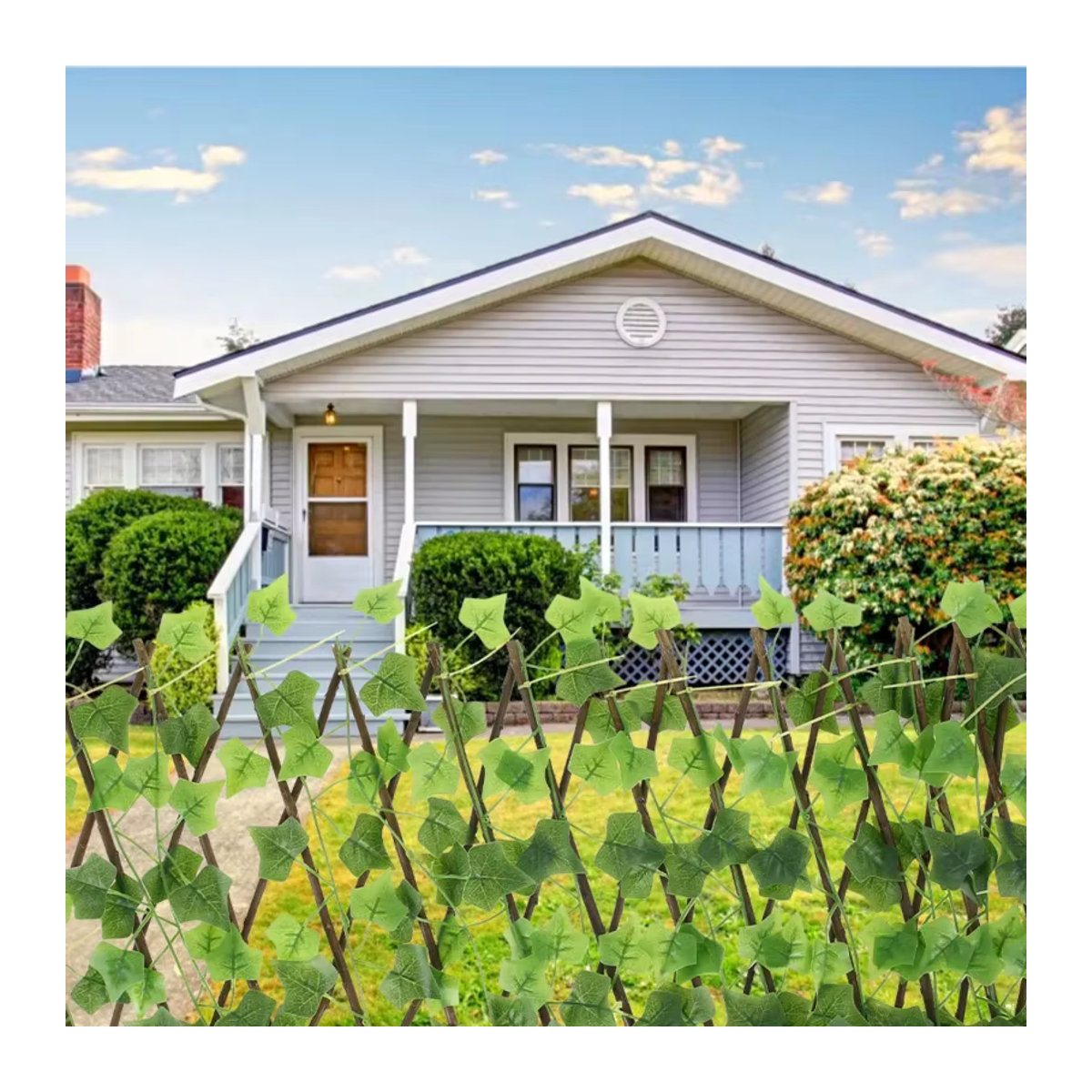 Expandierender Sichtschutz als künstliche Efeu-Hecke mit Holzzaun-Optik in Grün für deinen Garten - Bild 5