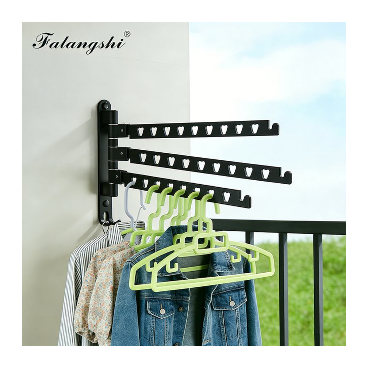 FALANGSHI Wandmontage Kleiderständer aus Aluminium in Schwarz, Drehbares Faltbares Wäscheständer Rack für Balkon und Trockner, Modell WB3017 - Bild 1
