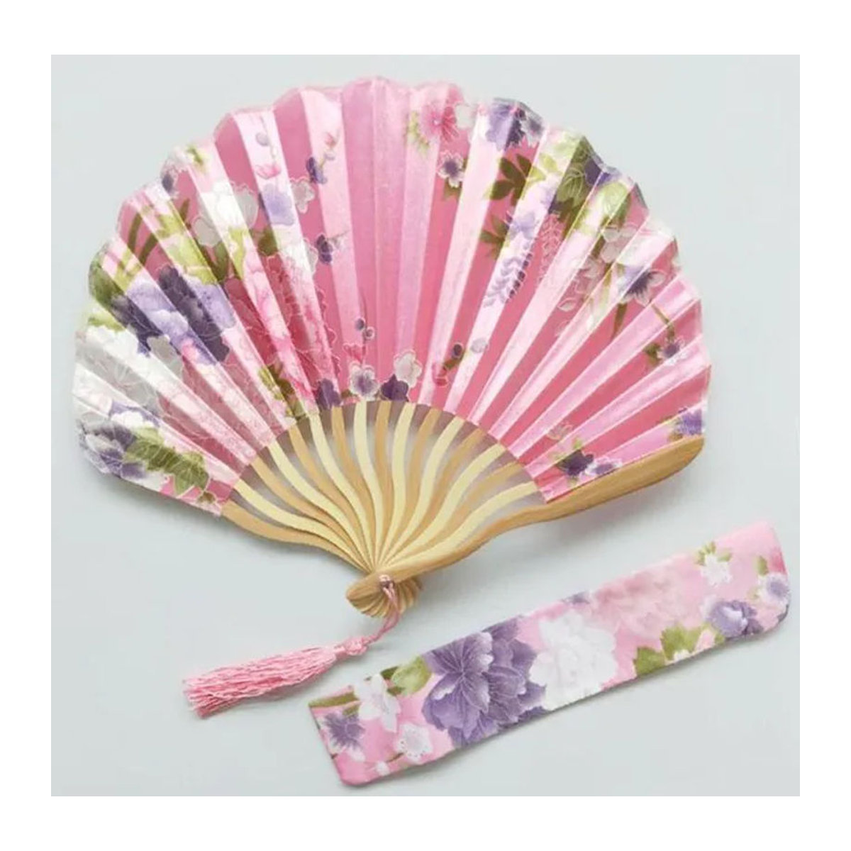 Faltbarer Kimono-Fächer im Vintage-Stil mit floralem Muster und passender Tasche, Farbe: Rosa - Bild 1