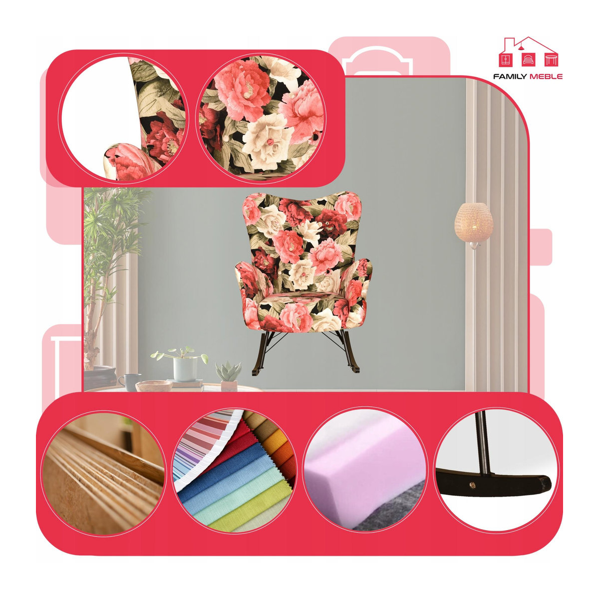 Family Meble Luna Print Schaukelstuhl im skandinavischen Design mit Blumenmuster in Multicolor - Bild 4