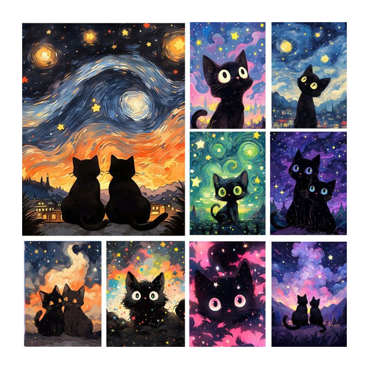 FANQING 5D DIY Diamantmalerei Set Sternenhimmel und schwarze Katze mit Rund-Strass-Mosaik in Schwarz und Mehrfarbig - Bild 1
