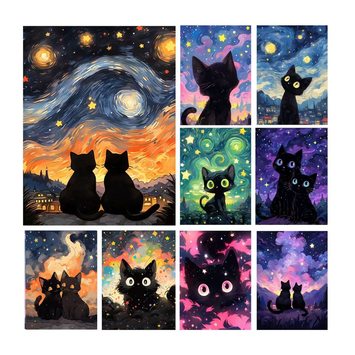 FANQING 5D DIY Diamantmalerei Set Sternenhimmel und schwarze Katze mit Rund-Strass-Mosaik in Schwarz und Mehrfarbig - Bild 2