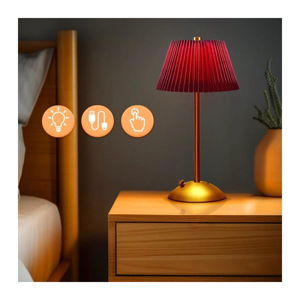 Fantastic House LED-Tischleuchte aus Metall und Stoff in Rot, kabellos, dimmbar und wiederaufladbar mit warmweißem Licht im Retro-Design - Bild 1