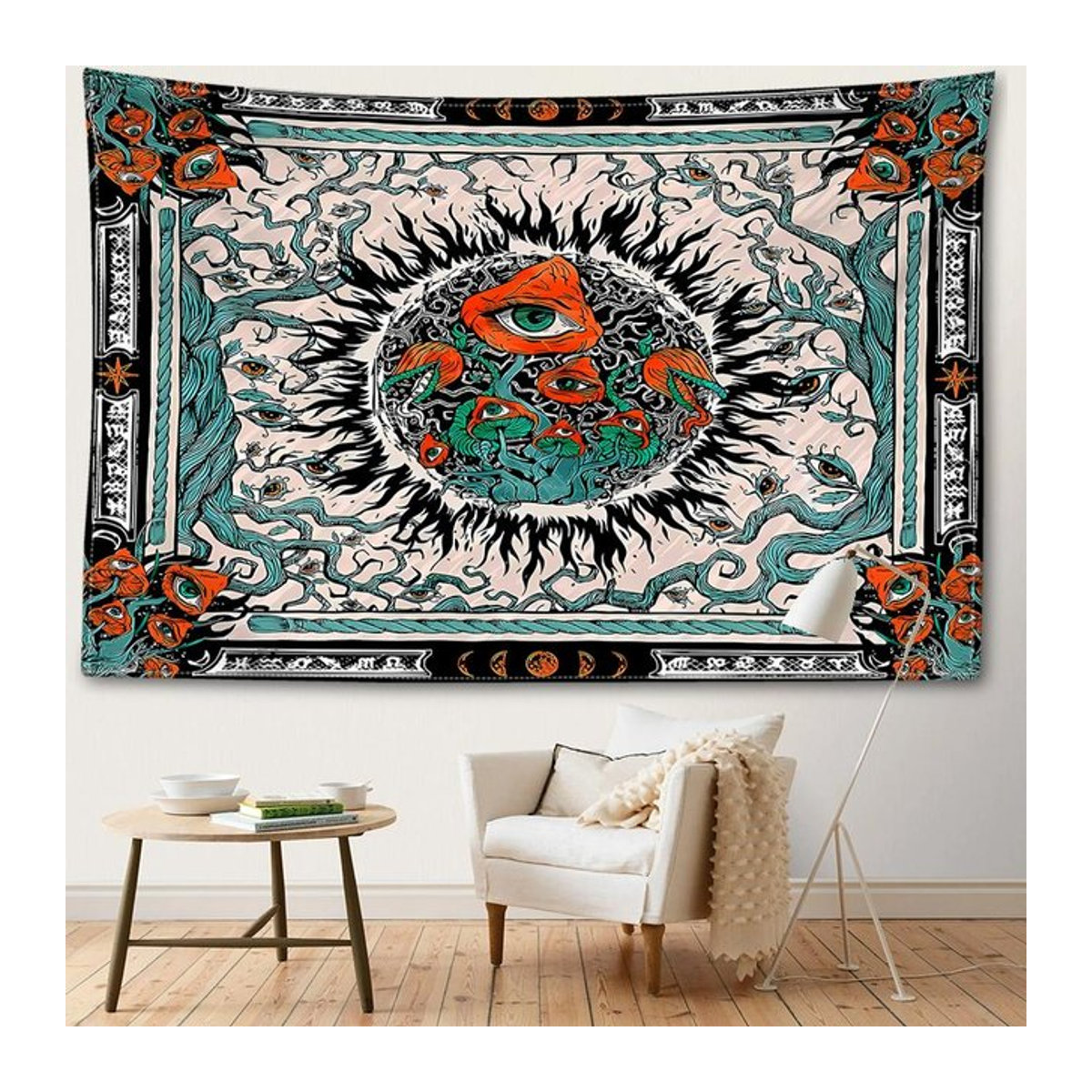 Fantasy Mandala Wandteppich mit Blumen, Pflanzen und mysteriösen Augen im böhmischen Hexerei-Stil, B: 95 cm, H: 73 cm - Bild 1
