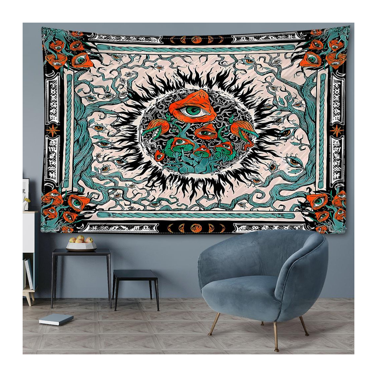 Fantasy Mandala Wandteppich mit Blumen, Pflanzen und mysteriösen Augen im böhmischen Hexerei-Stil, B: 95 cm, H: 73 cm - Bild 2