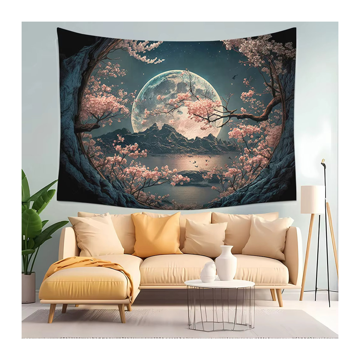 Fantasy Wandteppich von RoarGosh mit Kirschblüte, Mond und Sternenhimmel über einer Berglandschaft - Bild 2