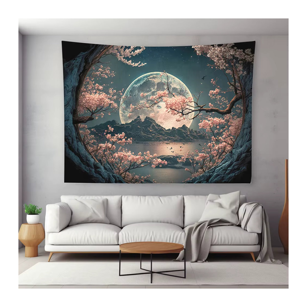 Fantasy Wandteppich von RoarGosh mit Kirschblüte, Mond und Sternenhimmel über einer Berglandschaft - Bild 3