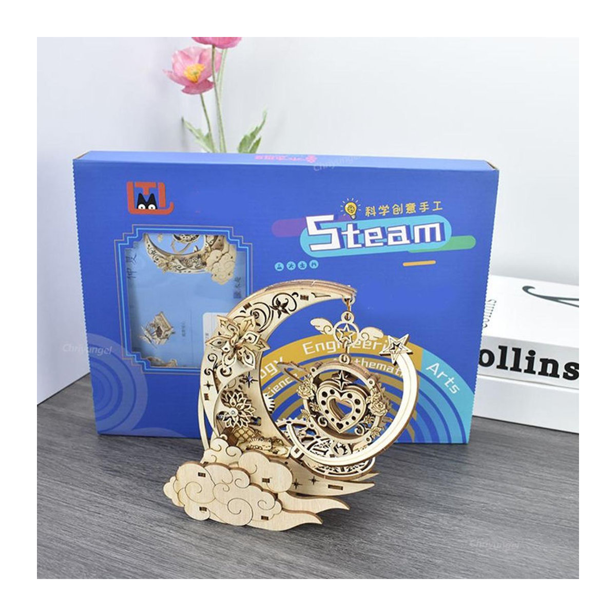 Fashnics 3D Holzpuzzle Mond und Stern als drehbare Spieluhr in Braun und Mehrfarbig als dekoratives Lernspielzeug für Kinder und Erwachsene - Bild 2