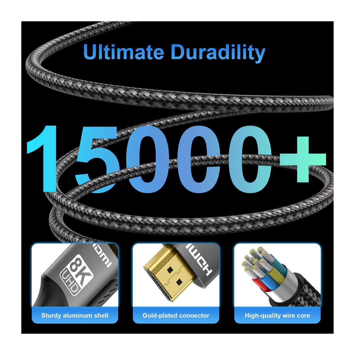 FDBOY 8K HDMI 2.1 High Speed Videokabel, geflochtenes Aluminium-Design, Schwarz - Bild 4