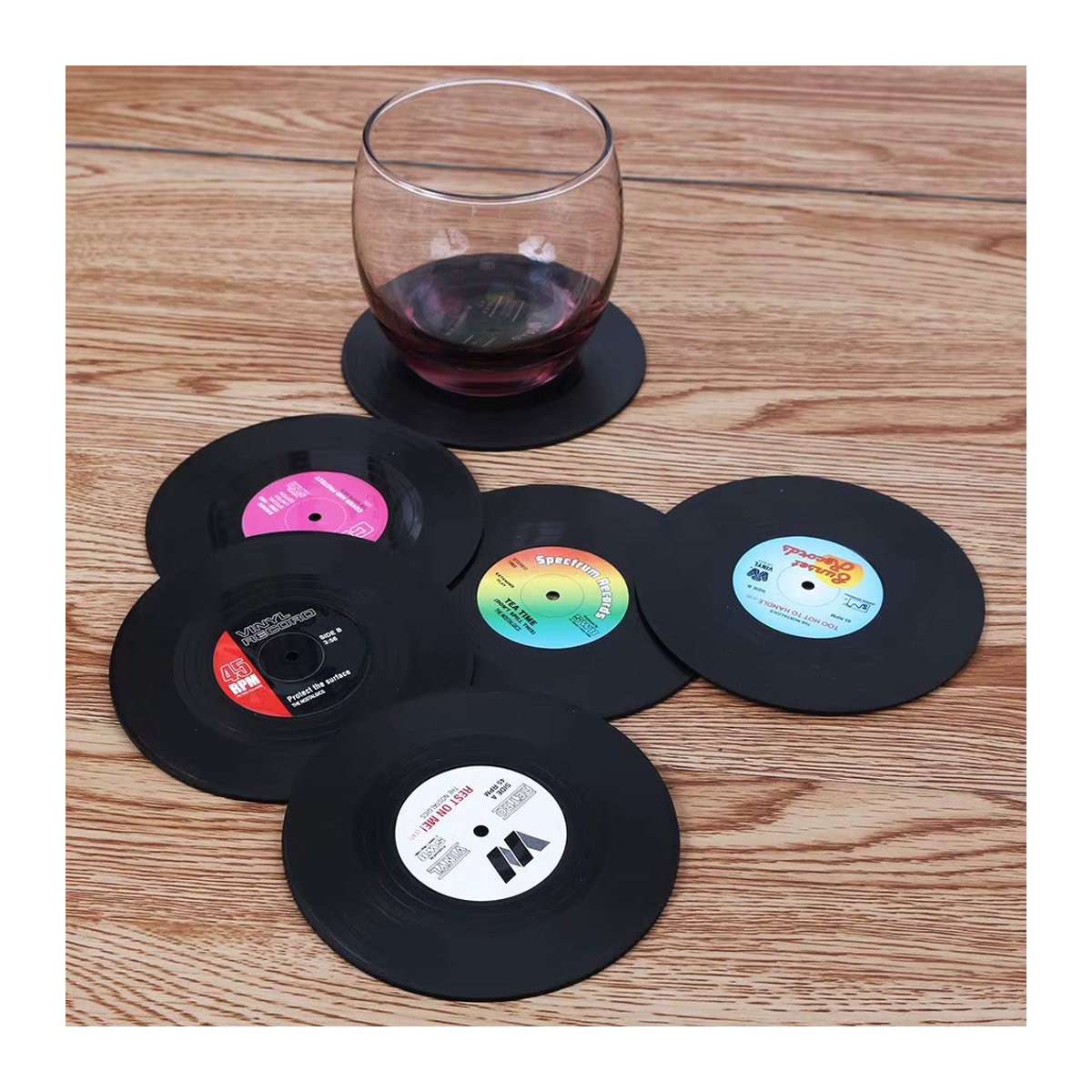FEB.WIND Set aus 6 bunten Retro Vinyl Schallplatten Untersetzern aus Kunststoff, rund, mehrfarbig - Bild 5