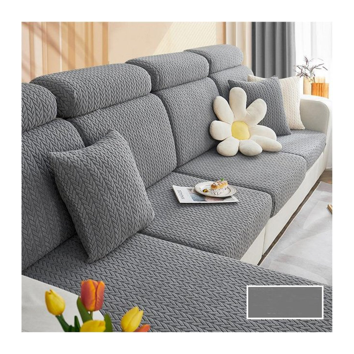 FebEr Jacquard-Stretch-Sofa-Sitzkissenbezug in L-Form für Ecksofas, Grau - Bild 1