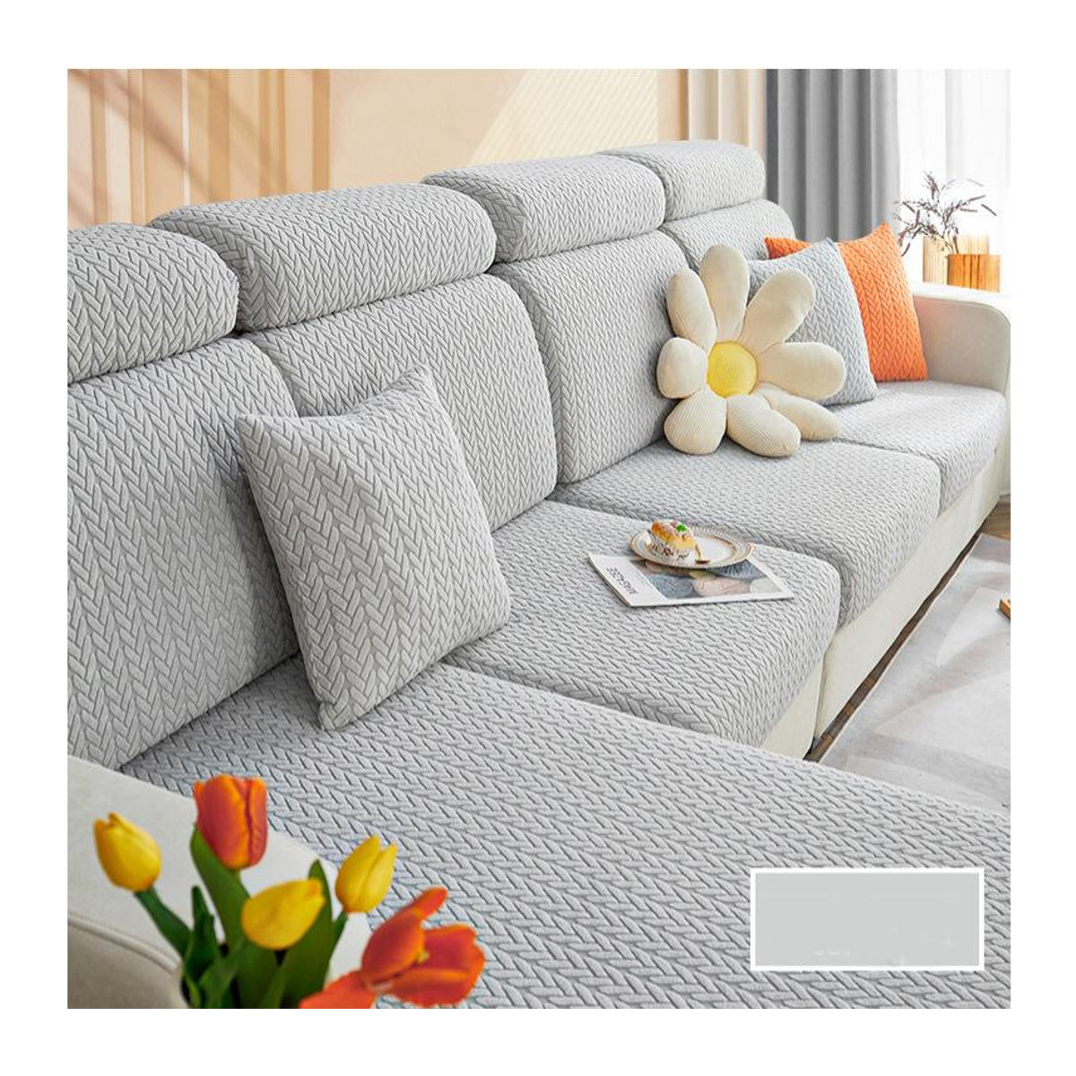 FebEr Jacquard-Stretch-Sofa-Sitzkissenbezug in L-Form für Ecksofas, Grau - Bild 2