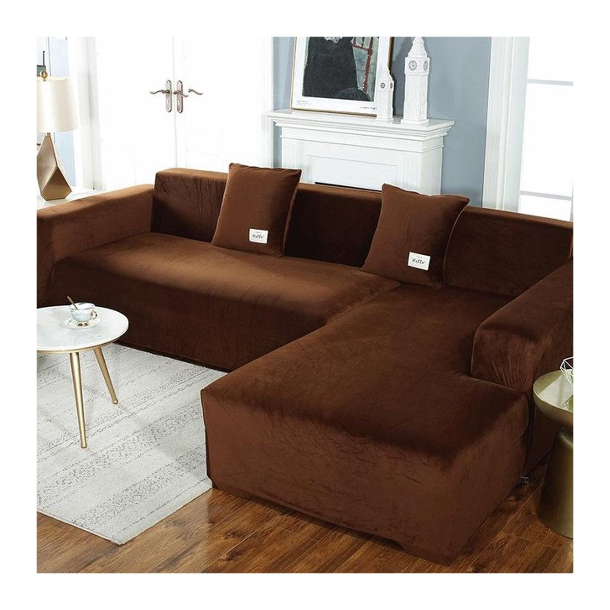 FebEr Samt-Sofabezug in Kaffeebraun, elastischer Stretch-Schonbezug für 1-Sitzer Ecksofas inklusive Kissenbezug - Bild 1