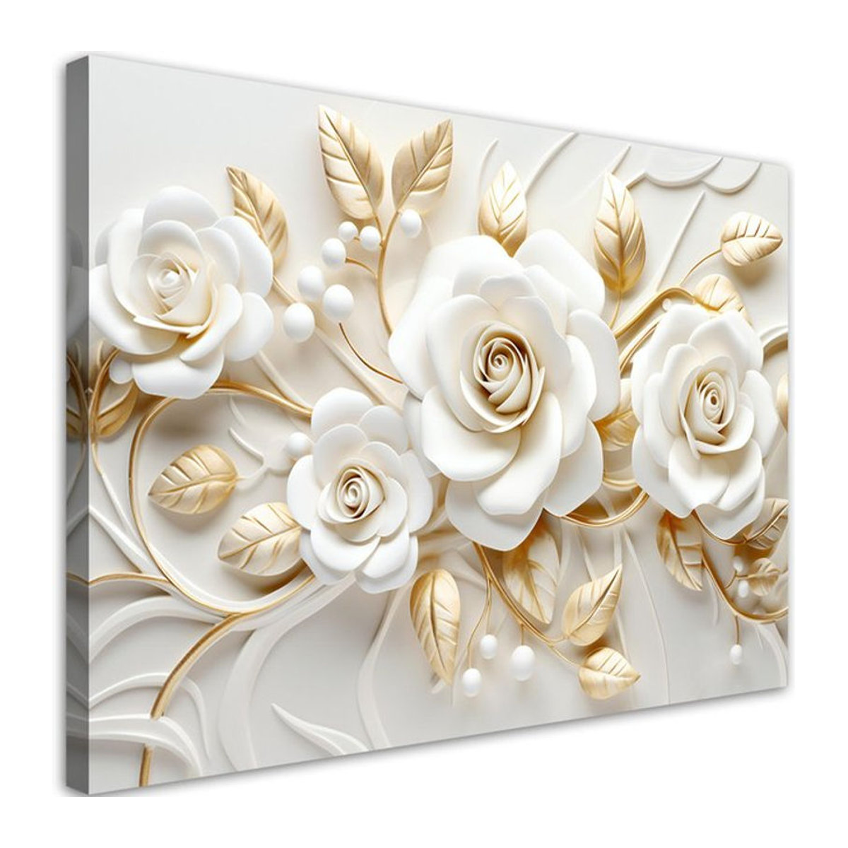 Feeby Leinwandbild mit goldenen 3D-Rosenblumen in Weiß und Gold, B: 60 cm, H: 40 cm - Bild 1