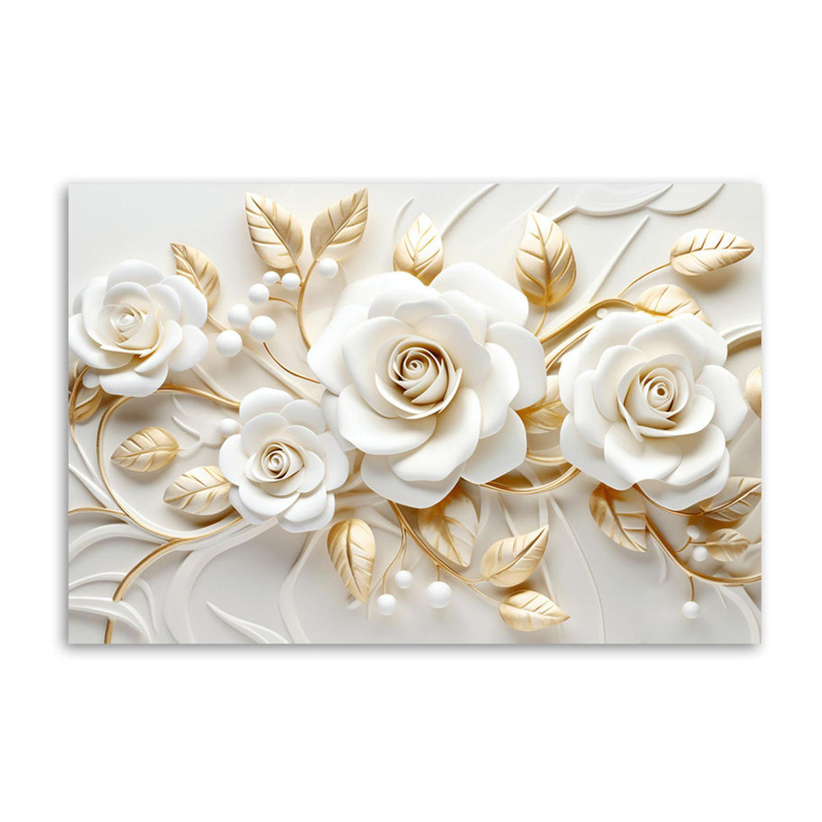 Feeby Leinwandbild mit goldenen 3D-Rosenblumen in Weiß und Gold, B: 60 cm, H: 40 cm - Bild 2