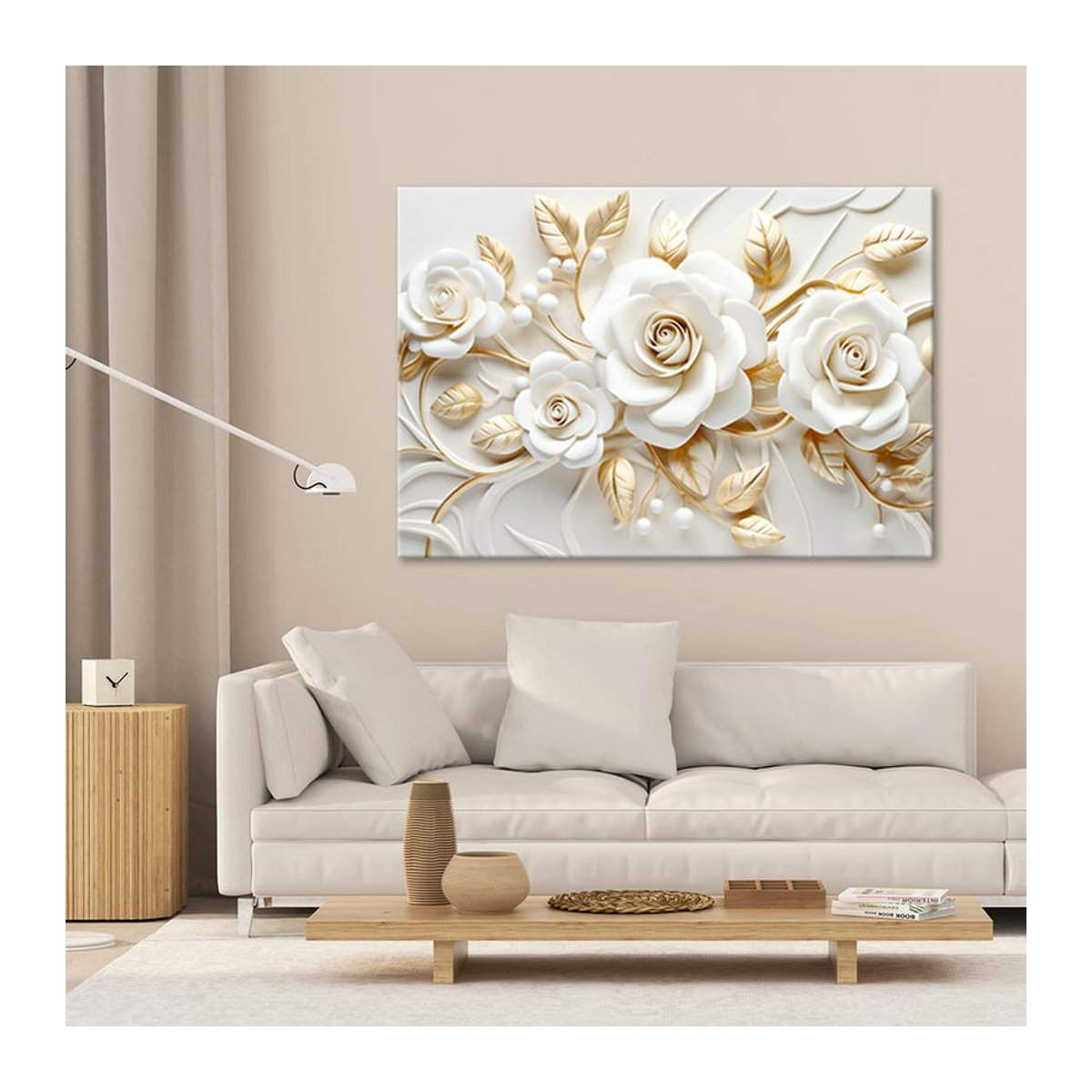 Feeby Leinwandbild mit goldenen 3D-Rosenblumen in Weiß und Gold, B: 60 cm, H: 40 cm - Bild 3