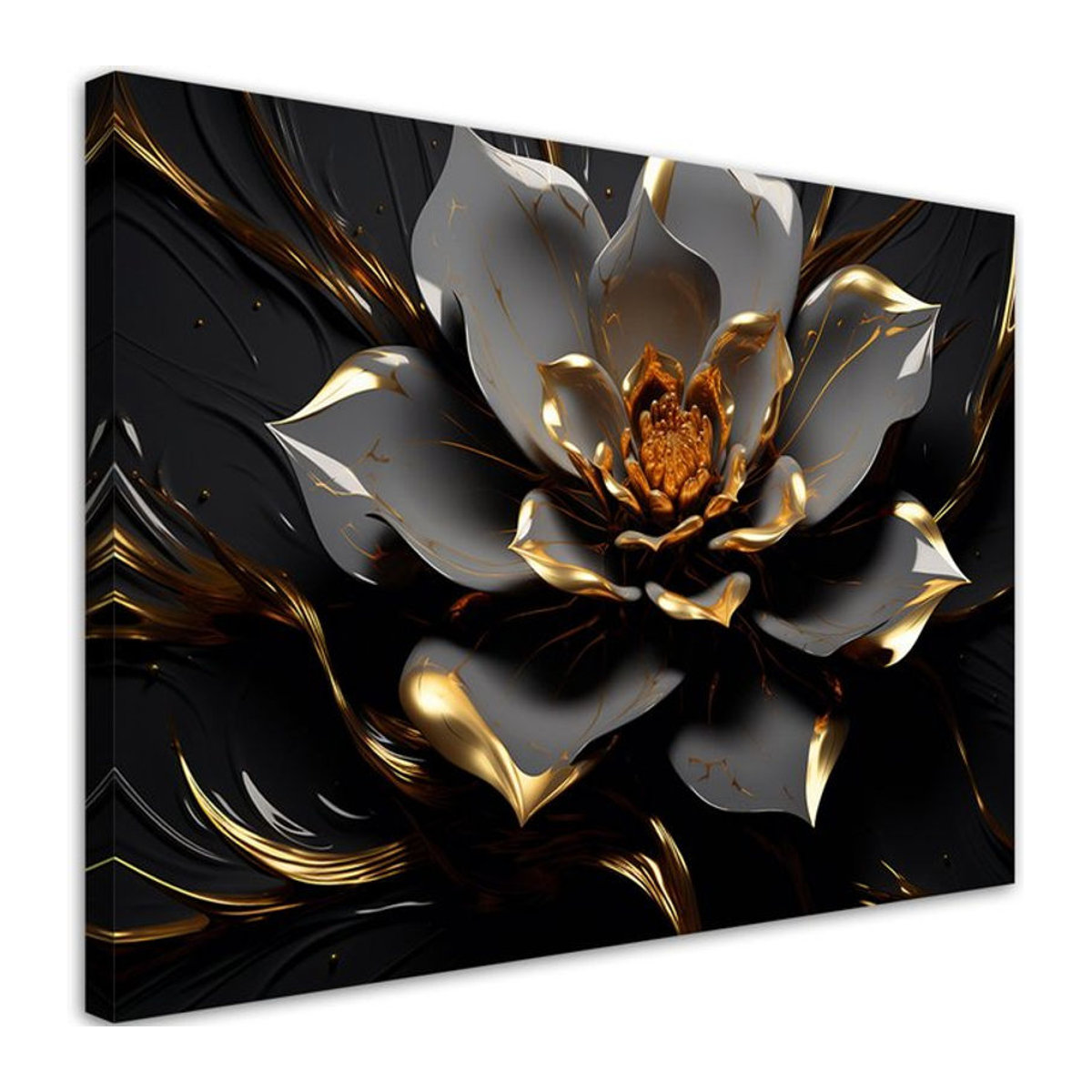 Feeby Leinwanddruck 3D Goldene Glamour-Blume in Schwarz, Breite: 60 cm, Höhe: 40 cm - Bild 1