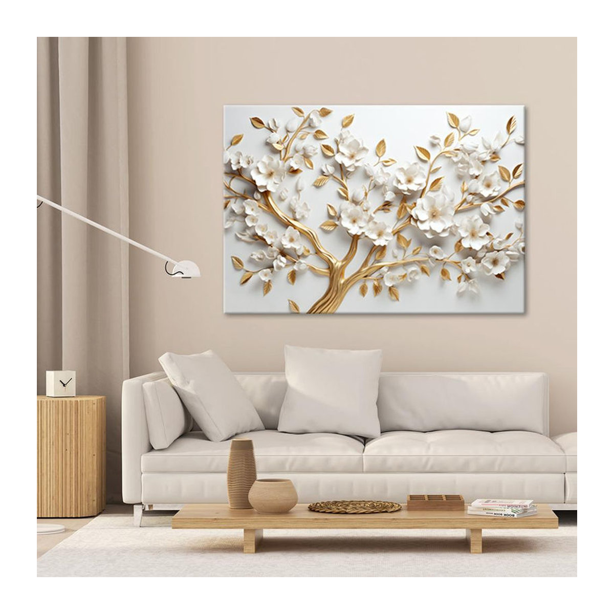 Feeby Leinwanddruck Goldener Kirschblütenbaum 3D Floral in Gold und Weiß, Breite: 60 cm, Höhe: 40 cm - Bild 3