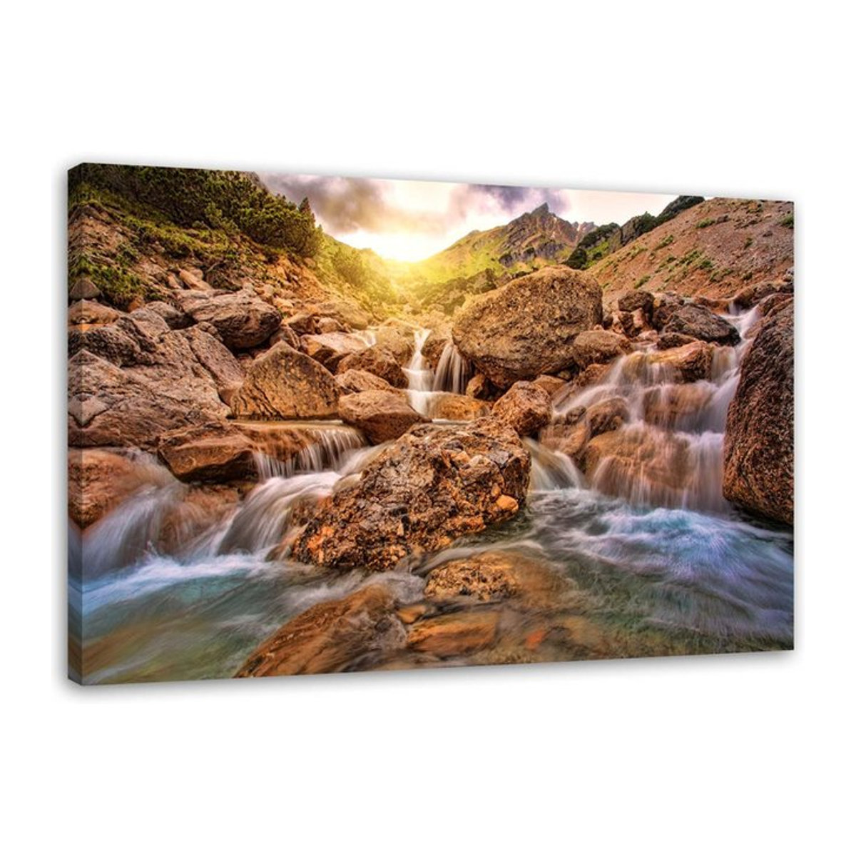 Feeby Leinwanddruck Landschaft mit Wasserfall, Bergen und Steinen, B: 60 cm, H: 40 cm - Bild 1