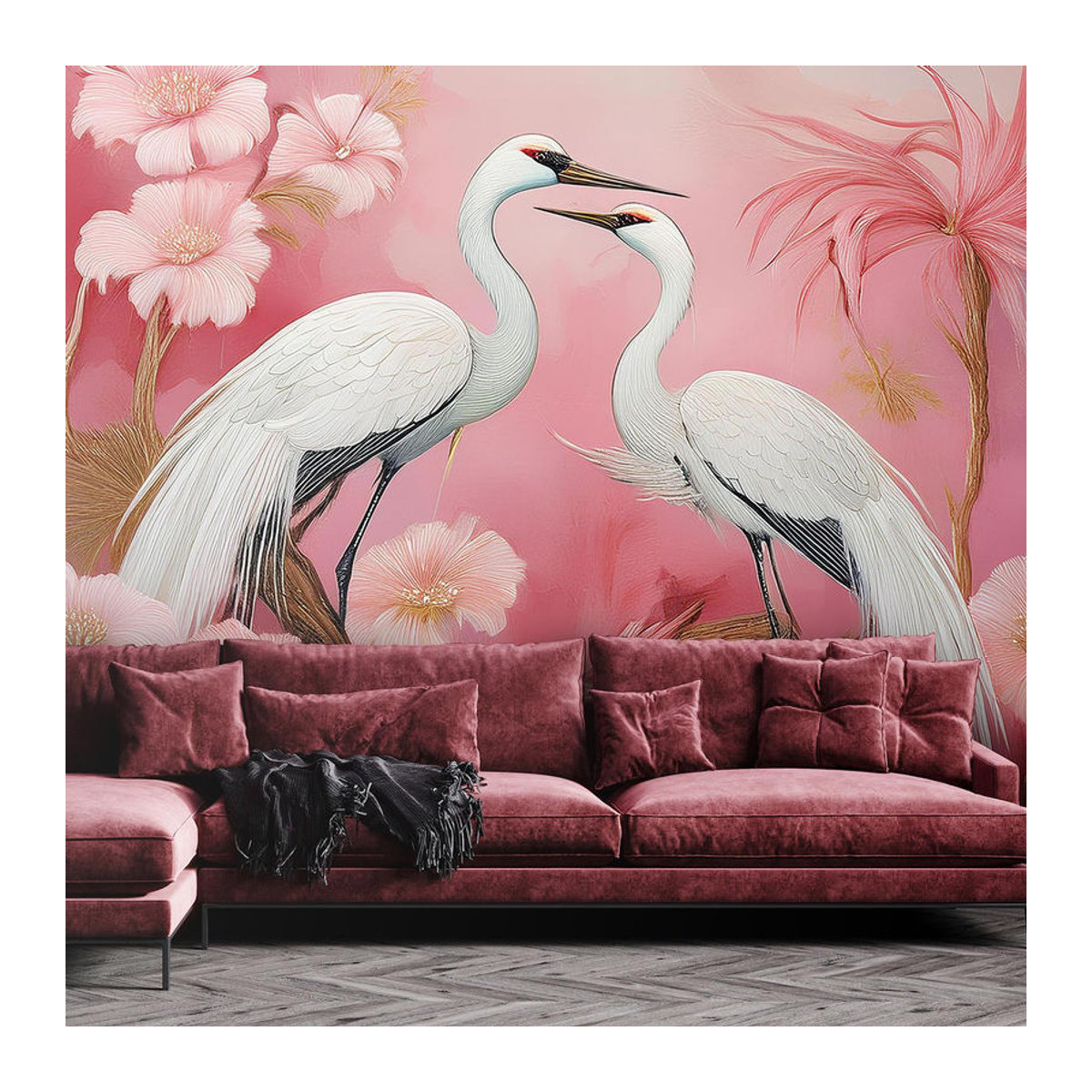 Feeby Tapete mit Kranichen und Blumen in Rosa, B: 100 cm, H: 70 cm - Bild 2
