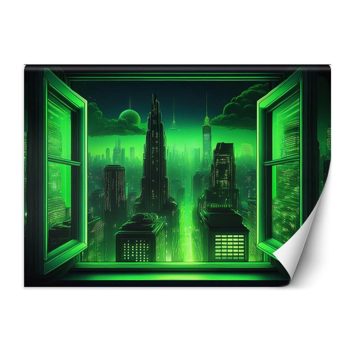 Feeby Wandbild Fensterblick Futuristische Stadt in Grün, Breite: 100 cm, Höhe: 70 cm - Bild 1