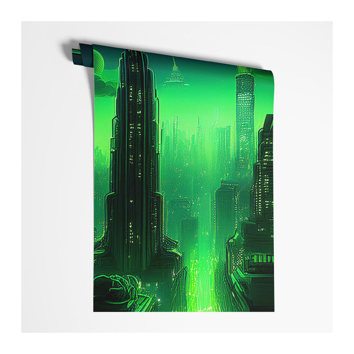 Feeby Wandbild Fensterblick Futuristische Stadt in Grün, Breite: 100 cm, Höhe: 70 cm - Bild 2