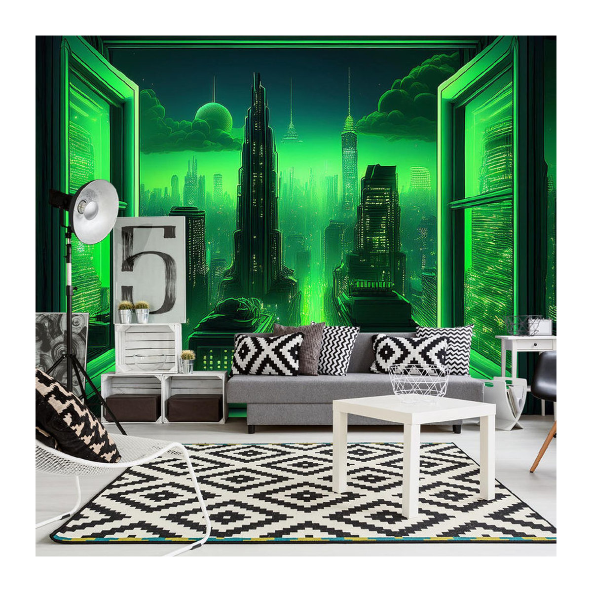 Feeby Wandbild Fensterblick Futuristische Stadt in Grün, Breite: 100 cm, Höhe: 70 cm - Bild 3