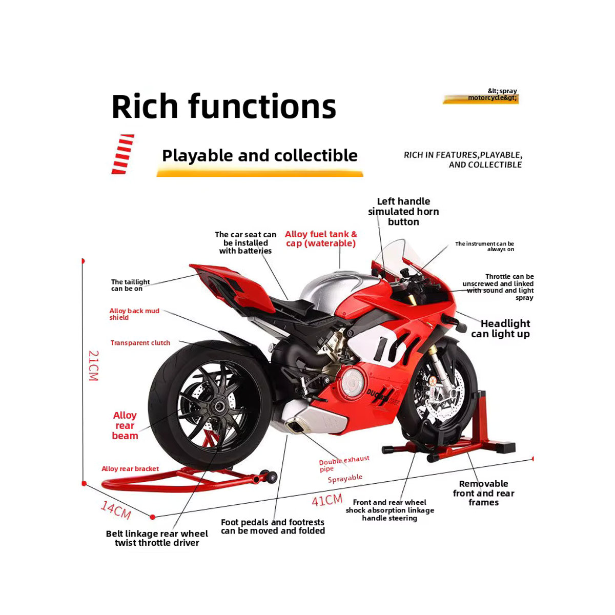 FEILEAP Ducati V4S Racing Motorrad Modell aus Legierung in Rot, Maßstab 1:6 - Bild 4