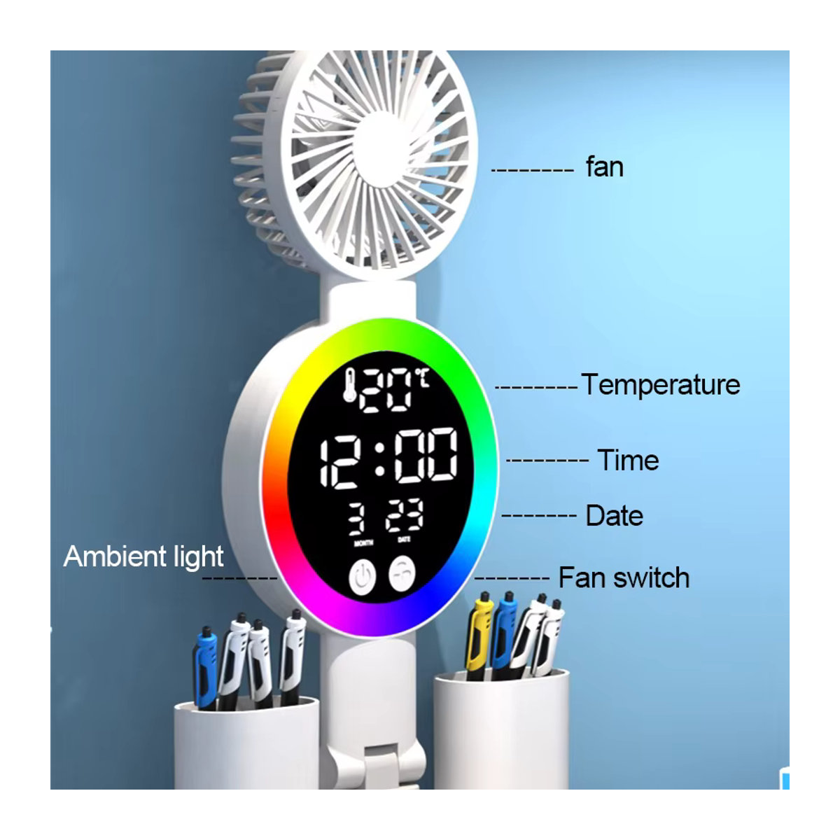 Feimefeiyou Wiederaufladbare LED-Tischlampe in Weiß mit Ventilator und LED-Uhr für Schreibtisch und Arbeitszimmer - Bild 2