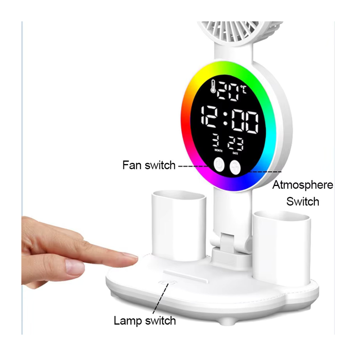 Feimefeiyou Wiederaufladbare LED-Tischlampe in Weiß mit Ventilator und LED-Uhr für Schreibtisch und Arbeitszimmer - Bild 3