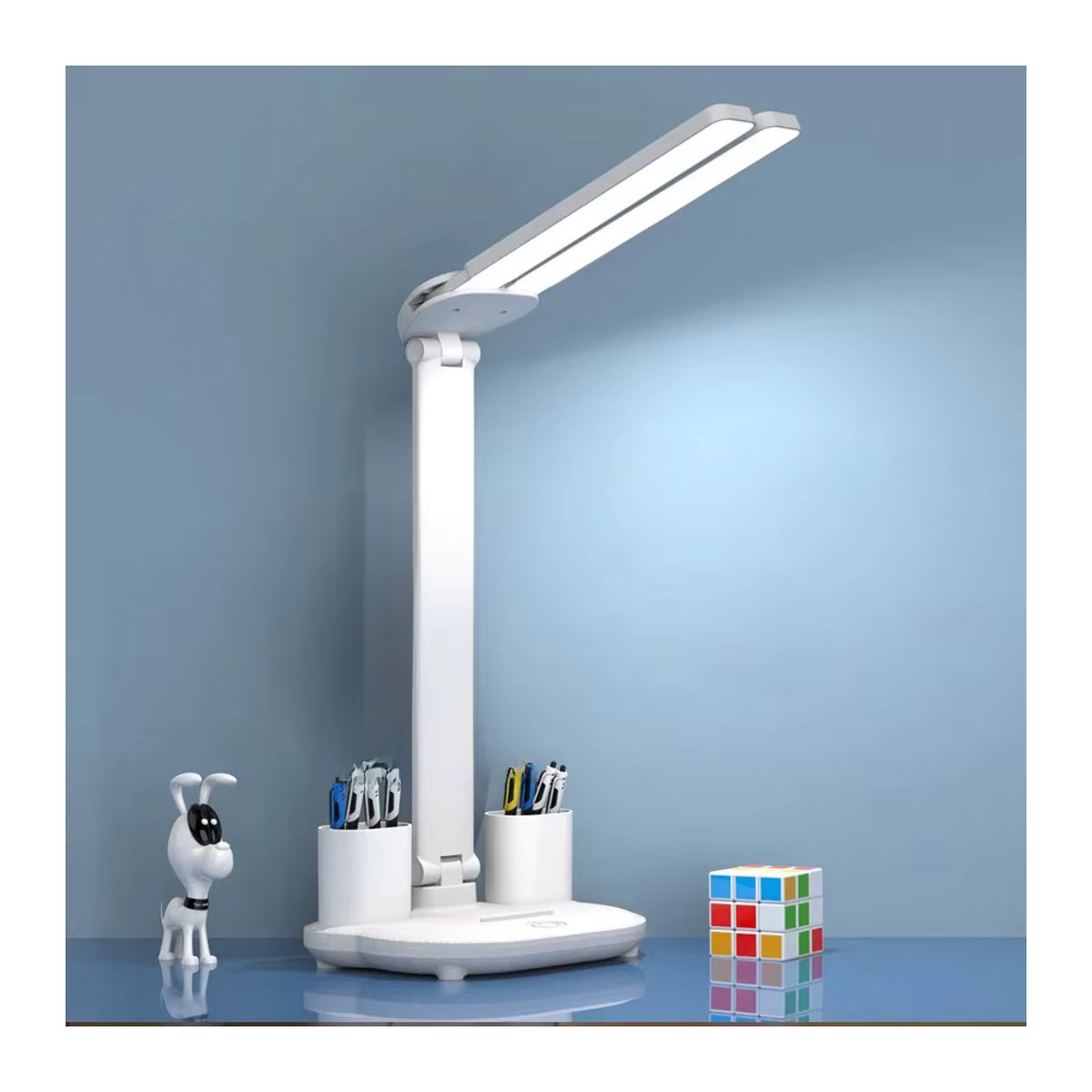 Feimefeiyou Wiederaufladbare LED-Tischlampe in Weiß mit Ventilator und LED-Uhr für Schreibtisch und Arbeitszimmer - Bild 5