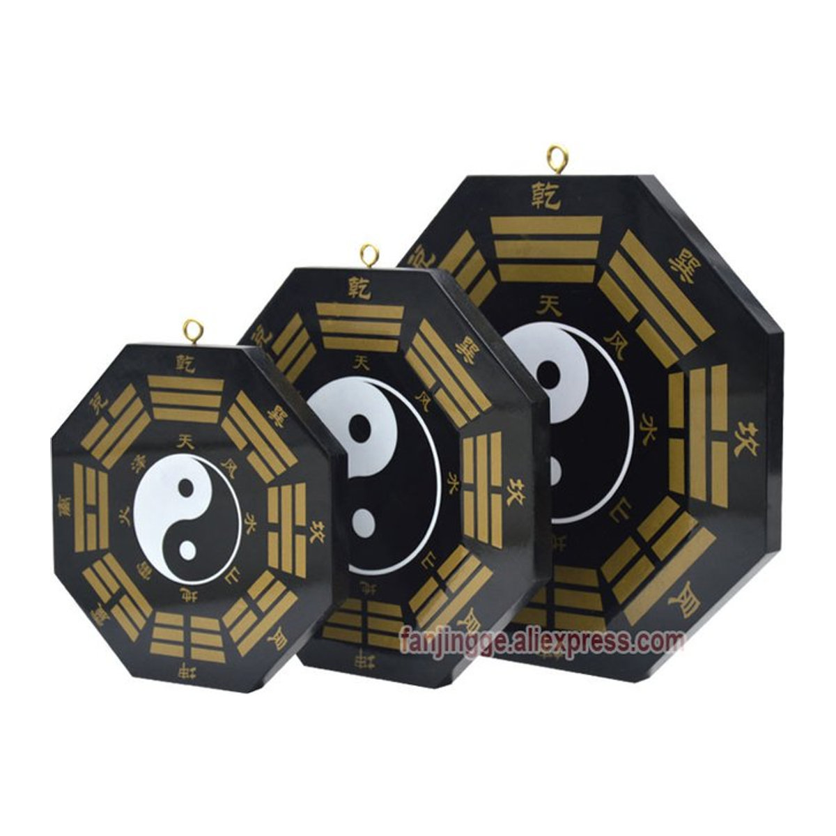 Feng Shui Bagua Spiegel aus Pfirsichholz mit Kupfermünzen und Kompass von FanJingGe Store zur Wanddekoration in Schwarz - Bild 1