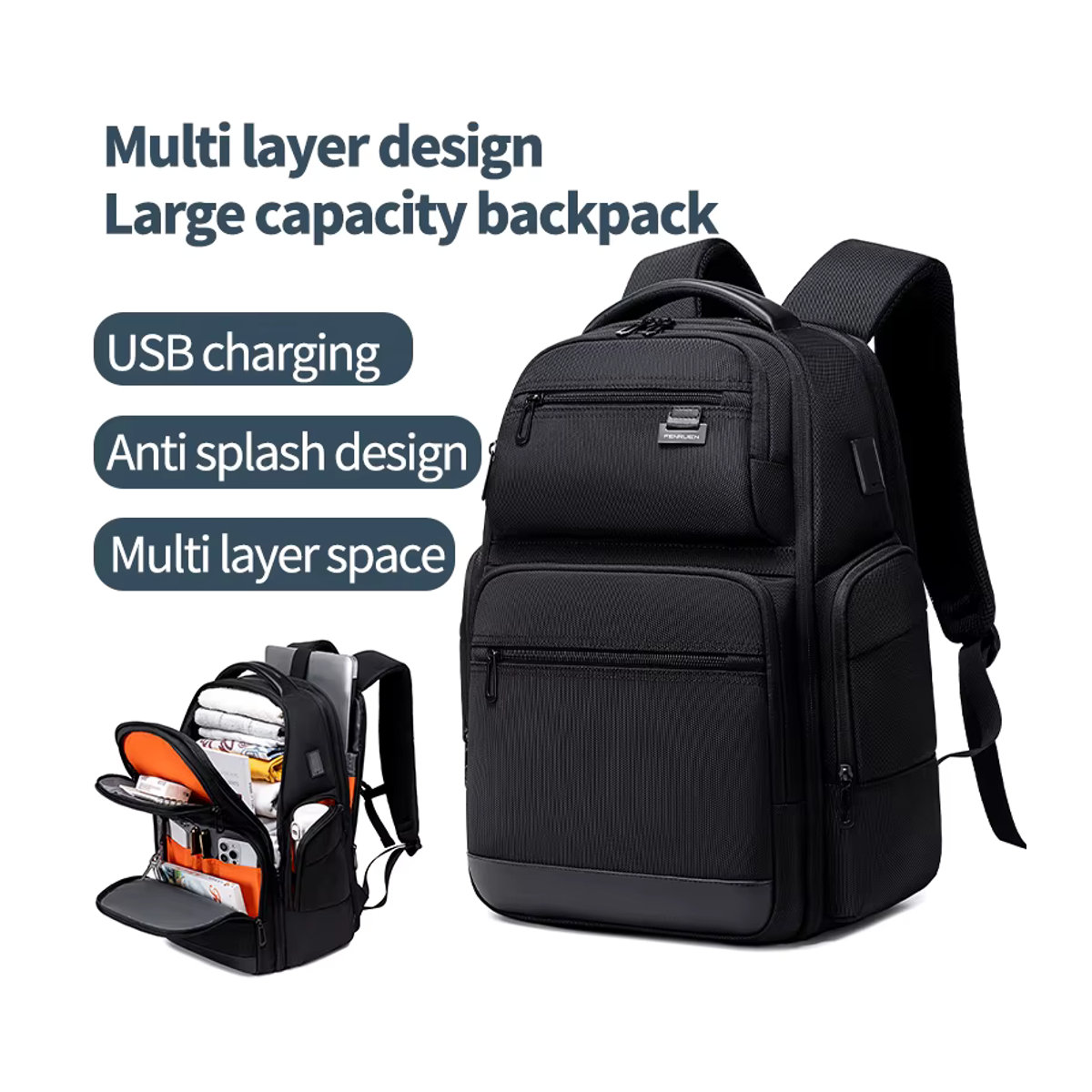 Fenruien Rucksack für Männer 43L Schwarz Modern Wasserdicht mit USB-Ladefunktion und Laptopfach - Bild 2
