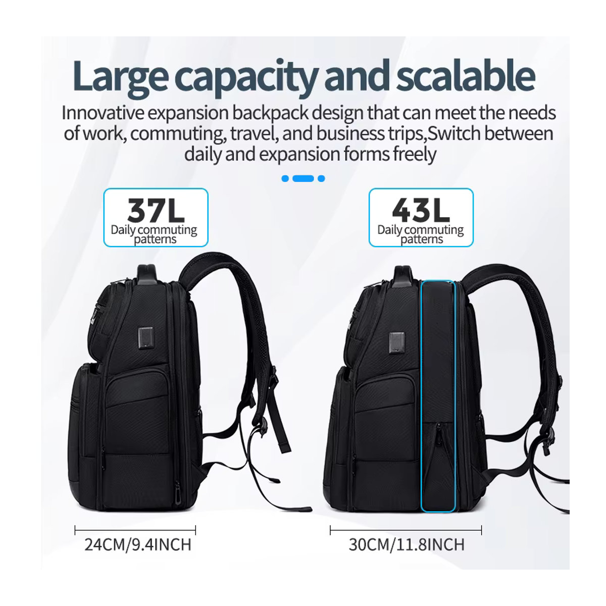 Fenruien Rucksack für Männer 43L Schwarz Modern Wasserdicht mit USB-Ladefunktion und Laptopfach - Bild 5