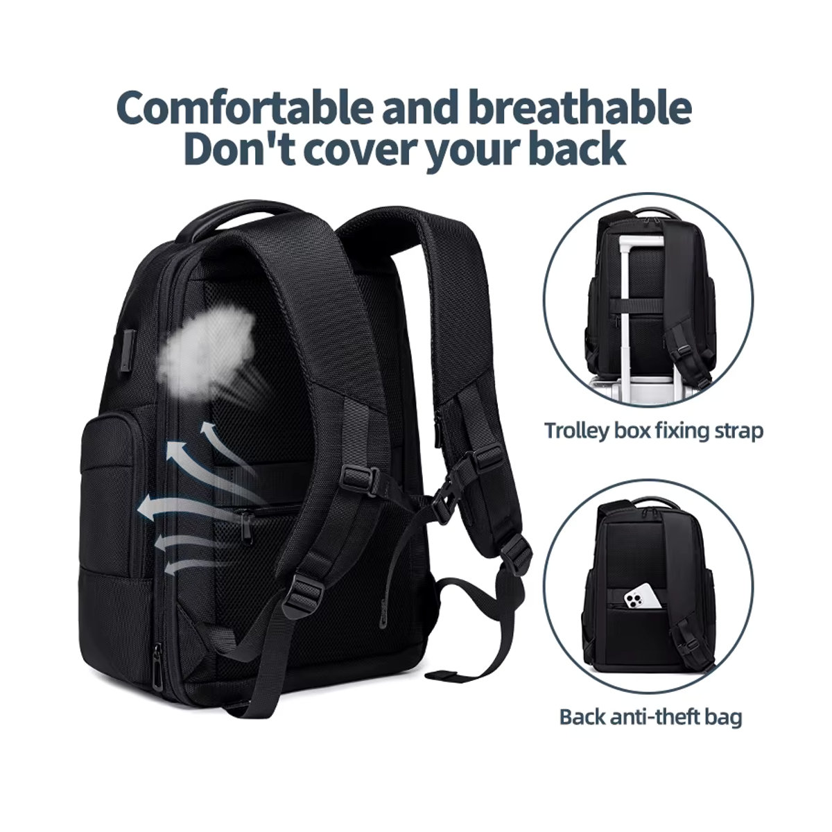 Fenruien Rucksack für Männer 43L Schwarz Modern Wasserdicht mit USB-Ladefunktion und Laptopfach - Bild 6