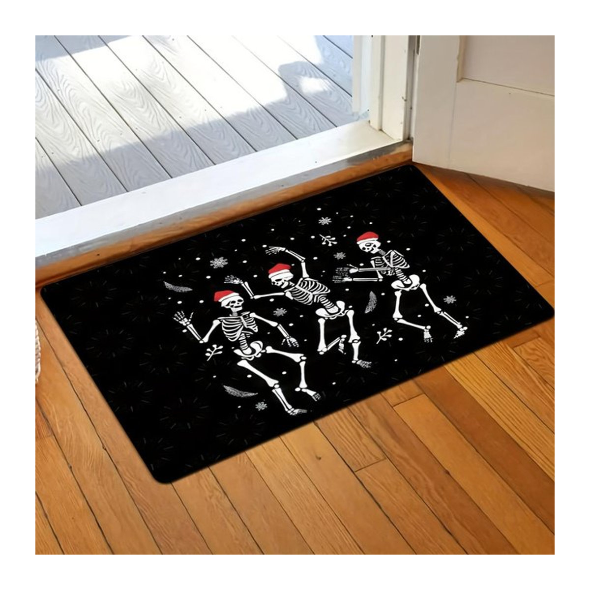 Festliche Skelett Rave Weihnachten Fußmatte aus weichem Flanell in Schwarz, B/T: 50 x 30 cm - Bild 1
