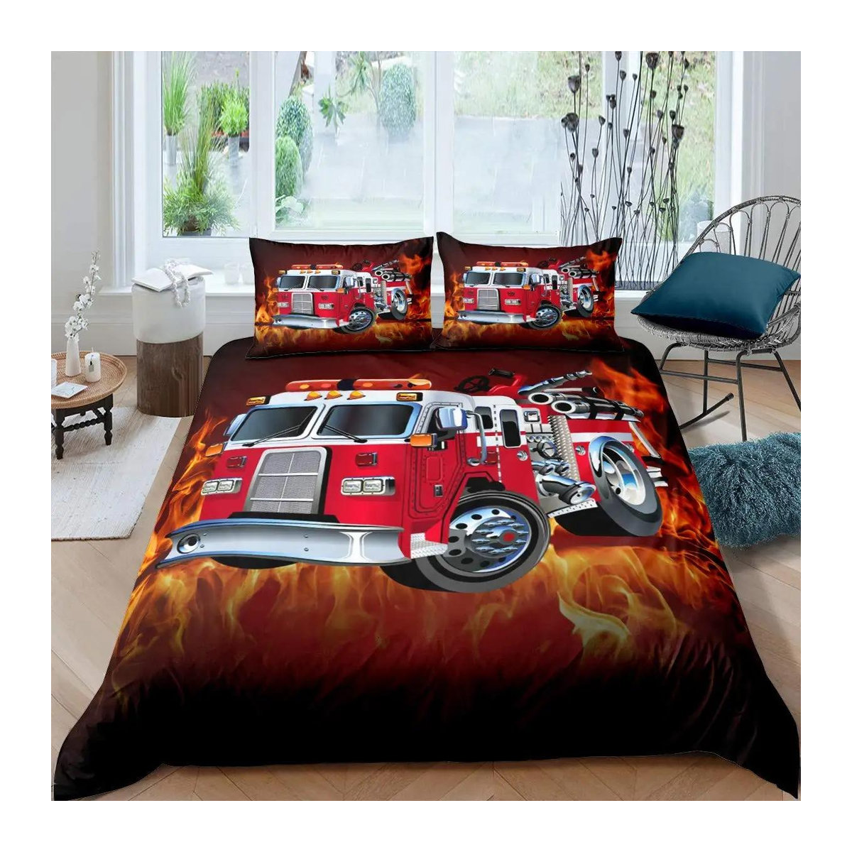 Feuerwehrauto Bettwäsche Set Rot für Jungen und Mädchen, 3-teiliges Polyester Bettbezug Set, B/H: 135 x 200 cm - Bild 1