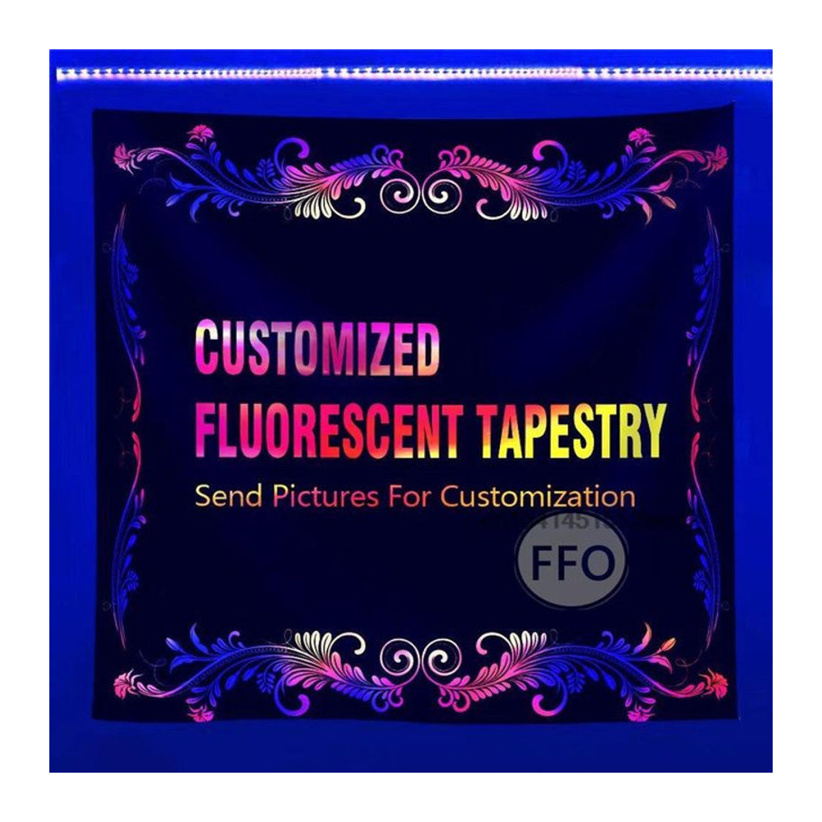 FFO UV-reaktive Blacklight Tapisserie im Bohemian-Stil mit floralem Tier-Motiv, Schwarz, Textil Wanddeko - Bild 1