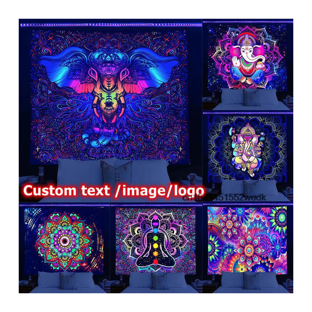 FFO UV-reaktive Blacklight Tapisserie im Bohemian-Stil mit floralem Tier-Motiv, Schwarz, Textil Wanddeko - Bild 2