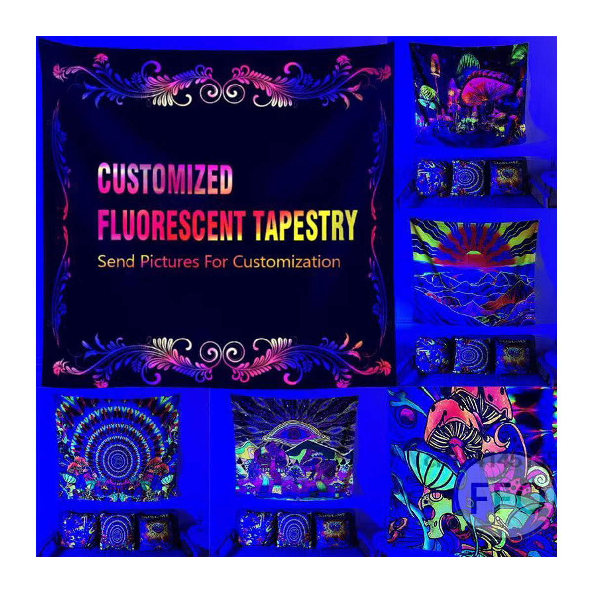 FFO UV-reaktive Blacklight Tapisserie im Bohemian-Stil mit floralem Tier-Motiv, Schwarz, Textil Wanddeko - Bild 3