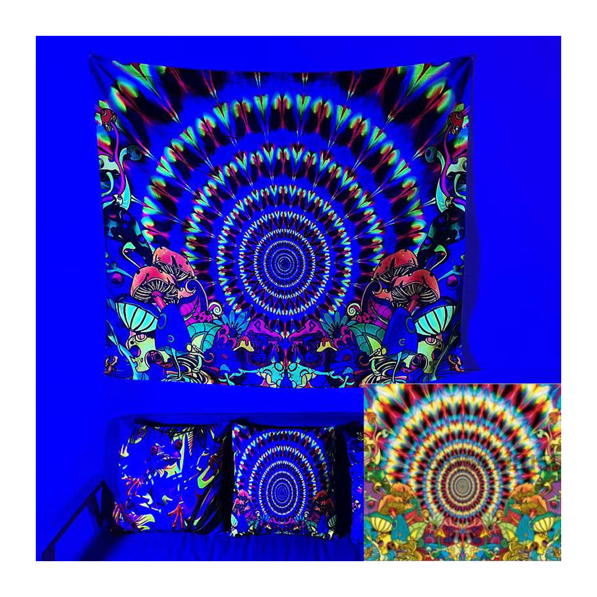 FFO UV-reaktive Blacklight Tapisserie im Bohemian-Stil mit floralem Tier-Motiv, Schwarz, Textil Wanddeko - Bild 4