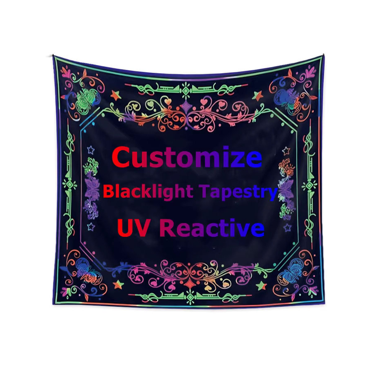 FFO UV-reaktive Blacklight Tapisserie im Bohemian-Stil mit floralem Tier-Motiv, Schwarz, Textil Wanddeko - Bild 5