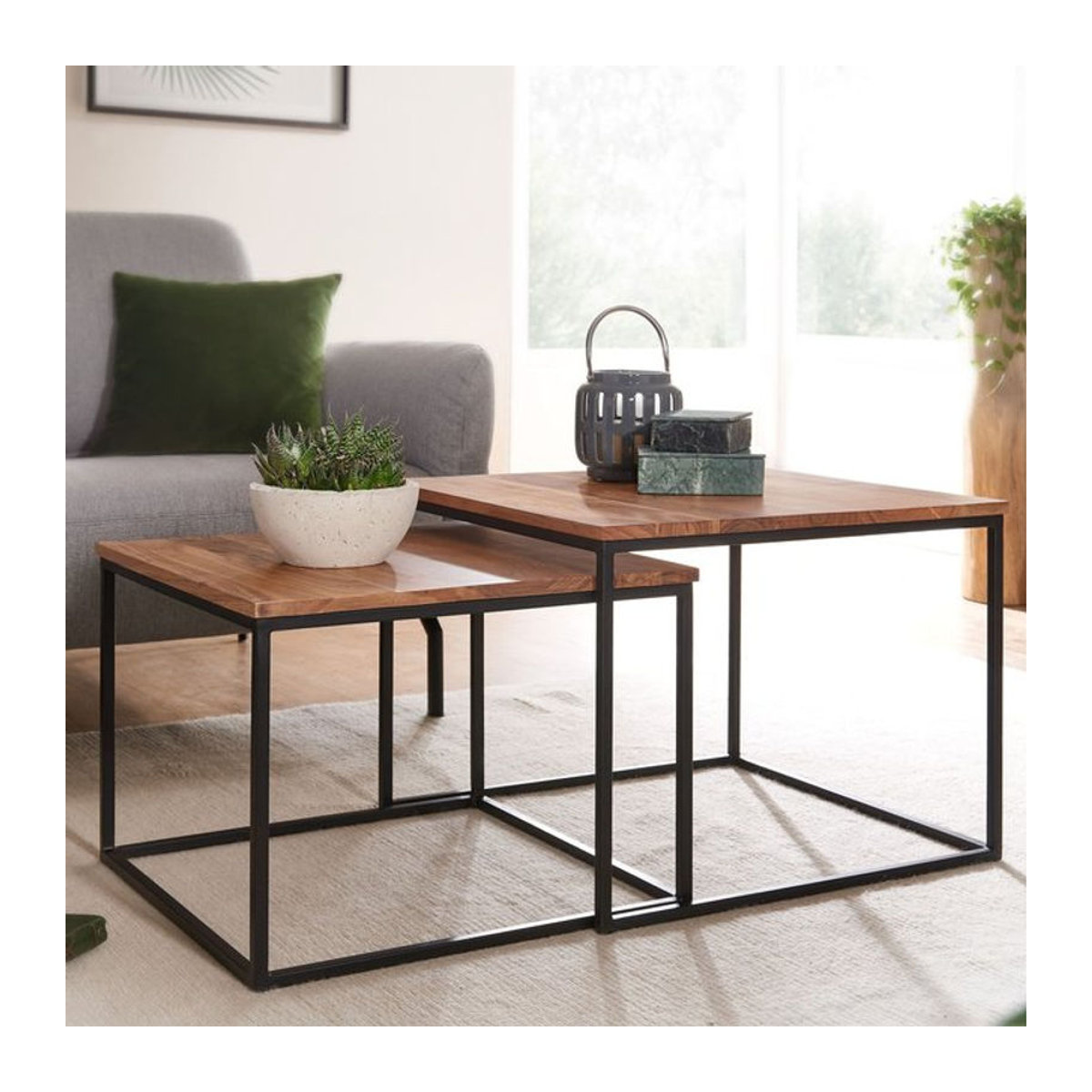 Finebuy Couchtisch 2er Set aus Akazie Massivholz und Metall im Industrial Design, Braun, Quadratisch, B/T/H: 60 x 60 x 46 cm und 60 x 46 x 46 cm - Bild 1