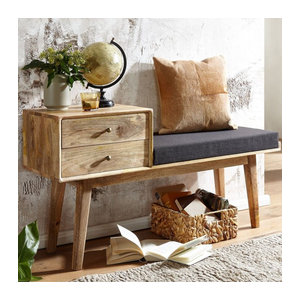Finebuy Garderobenbank aus Massivholz mit Polsterung und Schublade im Retro-Skandinavisch-Stil, Farbe: Natur, B/T/H: 120 x 40 x 65 cm